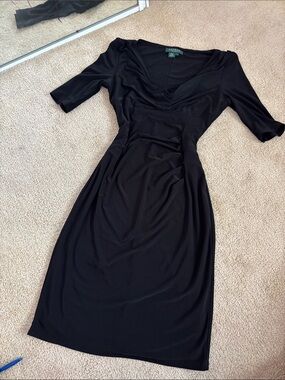 Lauren Ralph Lauren Black Midi Dress with Draped V-Neck